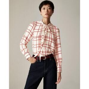 J Crew Tie Neck Plaid Crepe De Chine Long Sleeve Top US Women's 0 New
